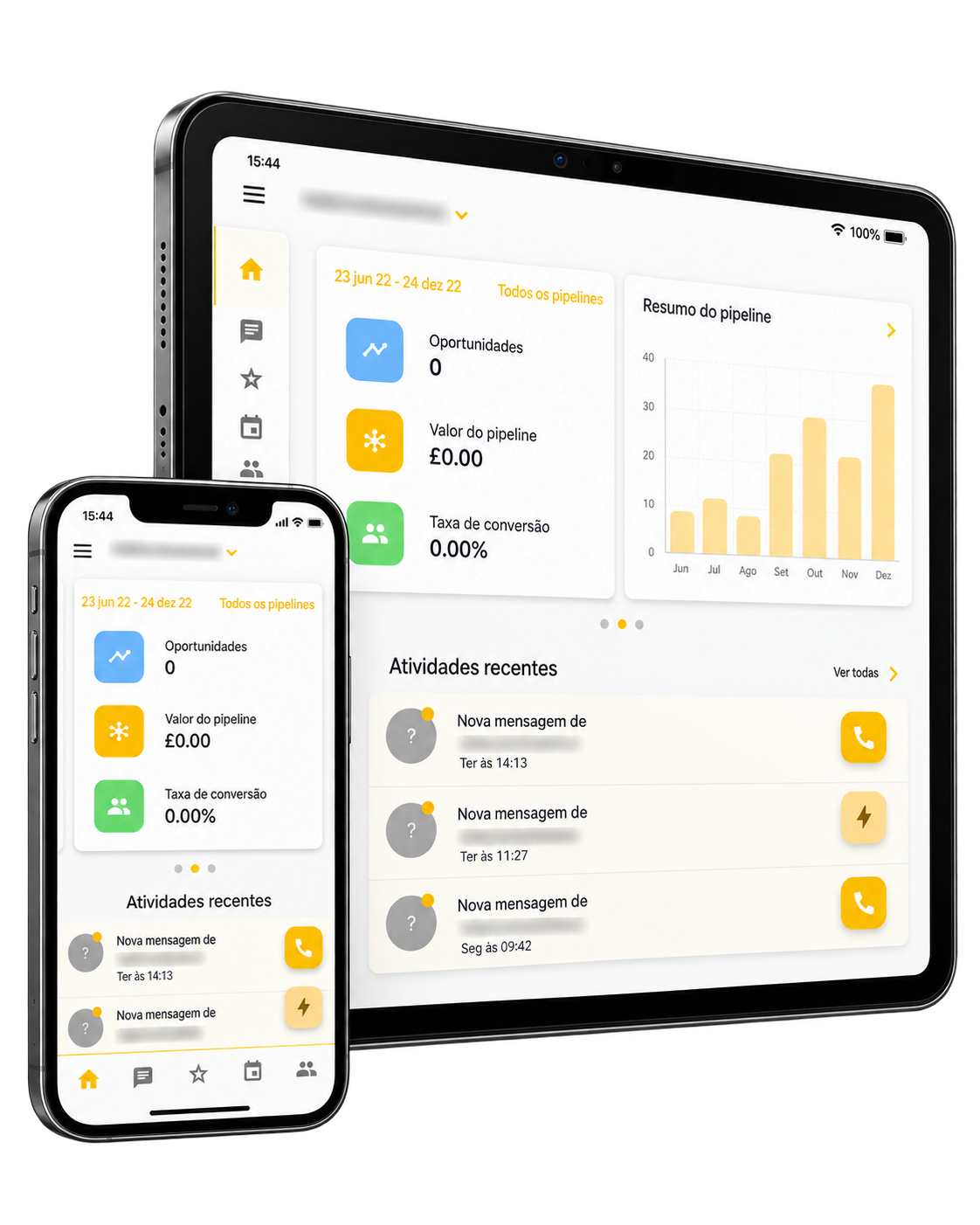 Aplicativo Black CRM no celular e tablet mostrando dashboard de oportunidades, valor do pipeline e atividades recentes